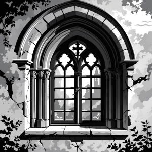 Flat 2d black and white illustration medieval window