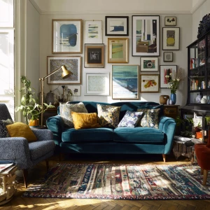 Create an eclectic living room editorial scene with the followin...