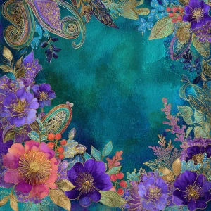 Vibrant boho paisley floral mixed-media scrapbook paper, deep em...