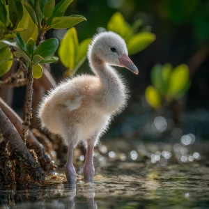 A newborn baby flamingo chick named Flan, soft pale-gray down wi...