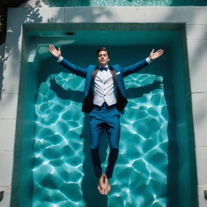 A drone photo from above of a young man in a dinner suit floatin...