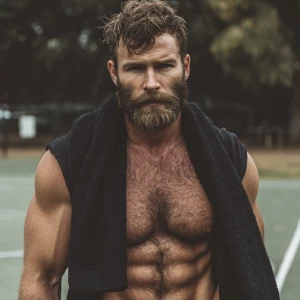 The image shows a man blond hair and beard with a muscular, hair...