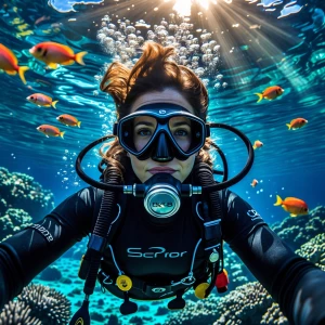 Front-facing scuba diver with full dive gear (scuba tank, BCD, r...