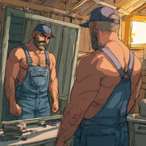 Generate an image of a muscular and hairy handyman without a shi...