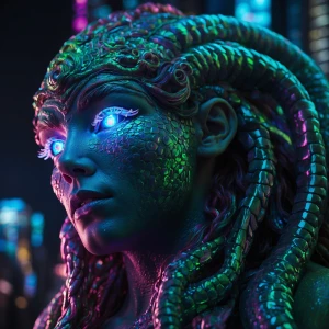 A lushly vibrant solarpunk bioluminescent gorgon, its shimmering...