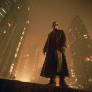 "A wide cinematic shot from a live-action 1990s sci-fi movie. Fr...