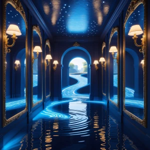 Sapphire-Gilded Hallway: A grand corridor bathed in deep sapphir...
