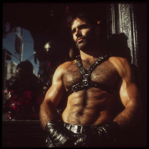 This is an outdoor photograph featuring a muscular, adult male w...