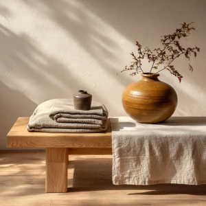 Generate a detailed image of a minimalist Japandi furniture setu...