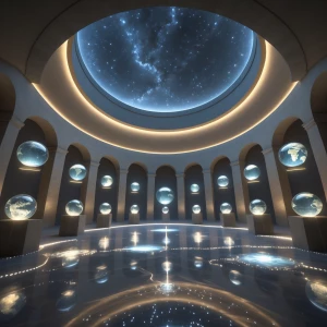 In a vast spherical chamber drenched in quiet light, the walls c...