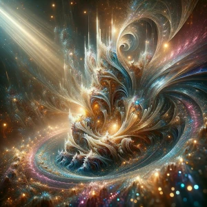 In the center of a cosmic dance, a dazzling iridescent space hab...