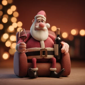 3D pixar figure of santa clause sitting down holding a wine glas...