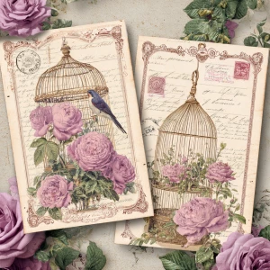 Victorian Mauve Rose Aviary – 2 Large Journaling Cards (Birdcage...