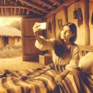 Mujer de 15 años tomando una selfie en la cama de una casa rural
