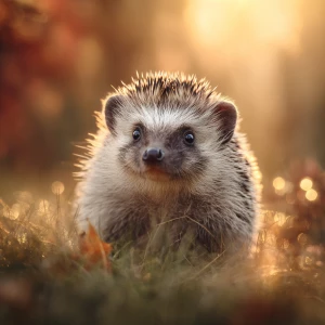 ultra-cute baby hedgehog sitting in soft woodland grass at golde...