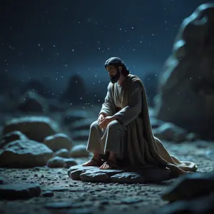 cinematic stop motion puppet animation, a lone prophet sitting o...