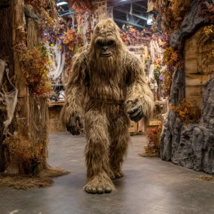 Show a humanoid looking haircovered  Sasquatch walking through a...