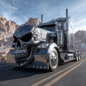 A highly detailed, chrome-plated semi-truck with a menacing skul...