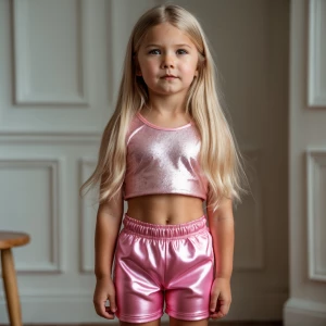 Blond long hair little kid girl in pink shiny satin brillant foo...