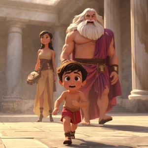 Stylized cartoon / Pixar-inspired scene, Hercules as a 7-8 year...