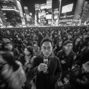 A man standing amidst the electric energy of Tokyo's Shibuya Cro...