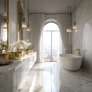 Design a luxurious Italian white marble bathroom featuring a dou...