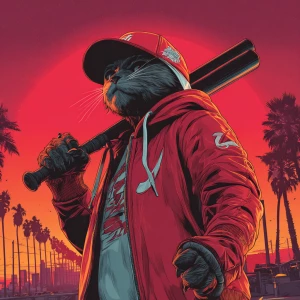 A humanoid cat wearing a red hoodie with a white zipper, a red b...