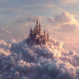Floating castle above the clouds, soft magic tones