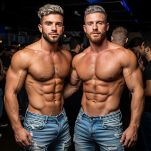 Two 20-year-old men are at a gay men's only club. They are dress...
