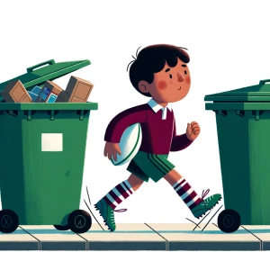 Create me an image of a boy holding a rugby ball running down a...