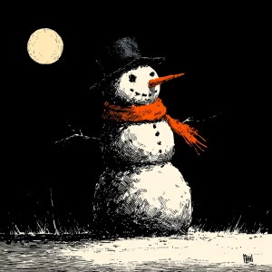 1A whimsical, three-tiered snowman rendered in a high-contrast c...