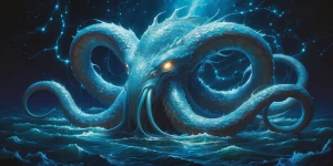 In the depths of an otherworldly ocean, a celestial kraken of di...