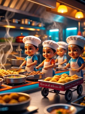 Ultra-realistic miniature tiny people working in a vibrant India...