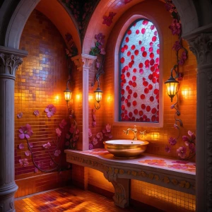 Bathroom 1 — Amber Bloom Washroom: A radiant chamber steeped in...