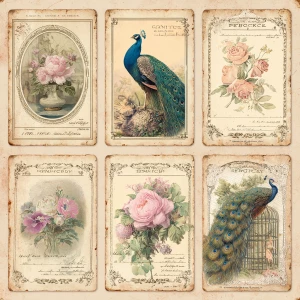 Print-ready vintage ephemera sheet with 6 coordinated shabby-chi...