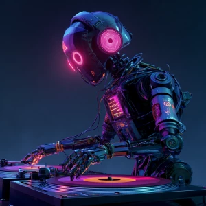 Futuristic DJ robot with glowing neon lights, mixing music on a...