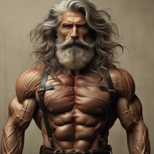 The image depicts a muscular, shirtless older man with a rugged,...