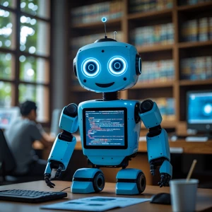 Robot 
lucu sedang belajar coding di 
perpustakaan antariksa,...