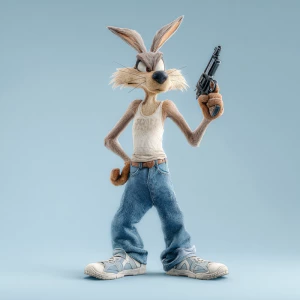 3d wile e coyote dressed in a wife beater t shirt, blue jeans, t...