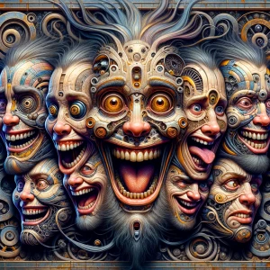 Create a caricature with multiple faces showcasing exaggerated a...
