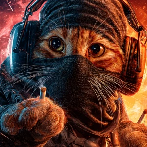 A wide-eyed ginger cat wearing a black tactical balaclava (or ma...