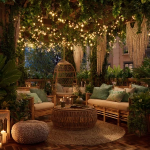 Create a serene outdoor garden lounge featuring bamboo furniture...