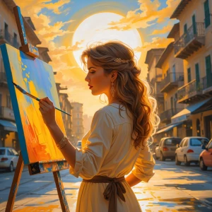 Mulher de ouro artista pintando sol