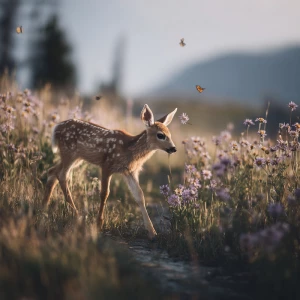 Baby fawn gently walking through tall wildflowers in Rocky Mount...