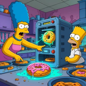 The Simpsons style kitchen scene: Marge points angrily at the 3D...