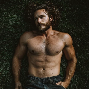 a beef bodybuilder man hairy chest beard with brown hair dark je...