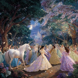 In the heart of an enchanted forest, shimmering fairies and maje...