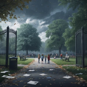 The video begins with old park gates slowly opening, revealing a...