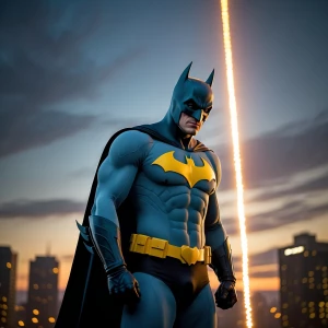 Take this image and turn it into a super hero batman type with a...