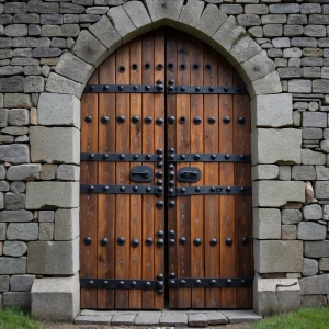 Rectangular mediaeval wooden castle door with lots of iron rivet...